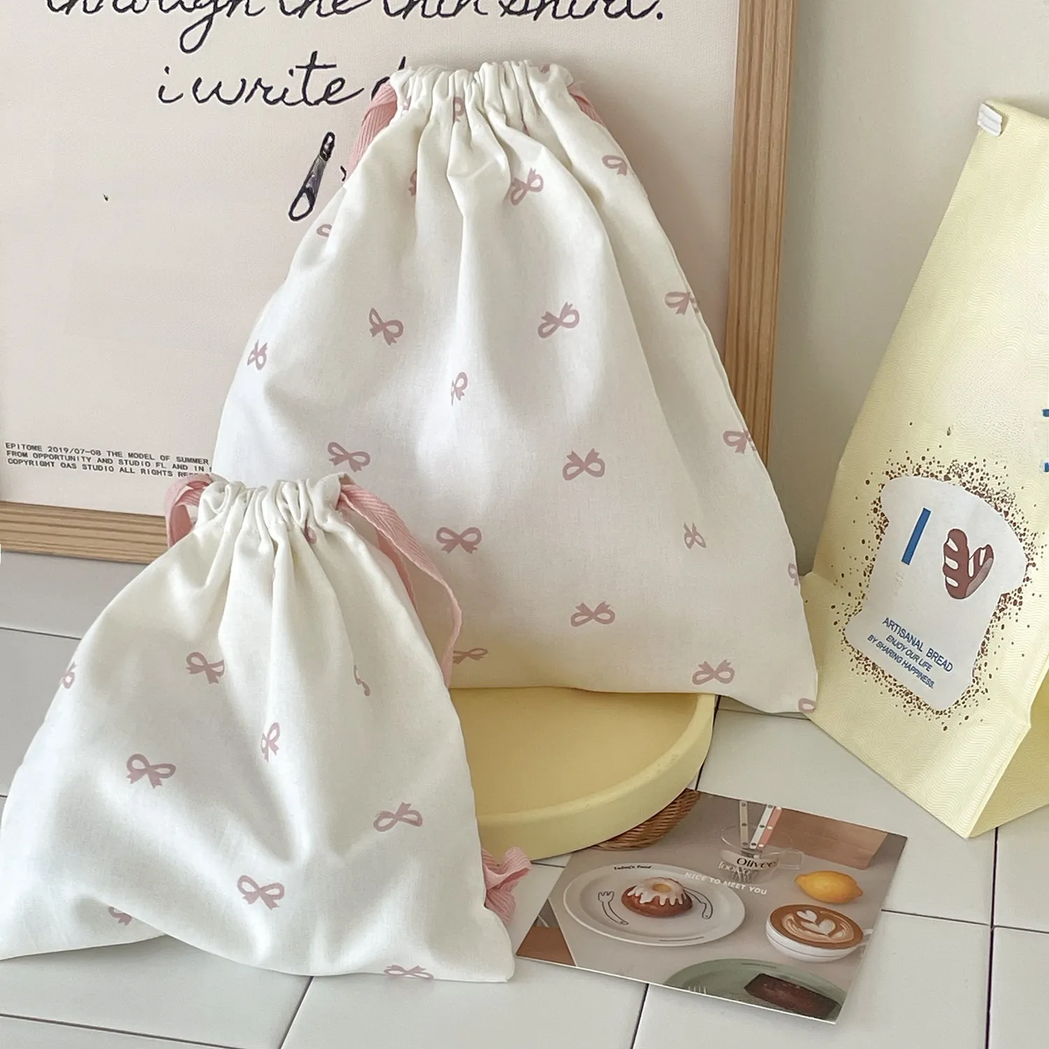 Cute Bow Print Canvas Drawstring Storage Bags Portable Travel Makeup Organizer Pouch For Students Women Korean Style