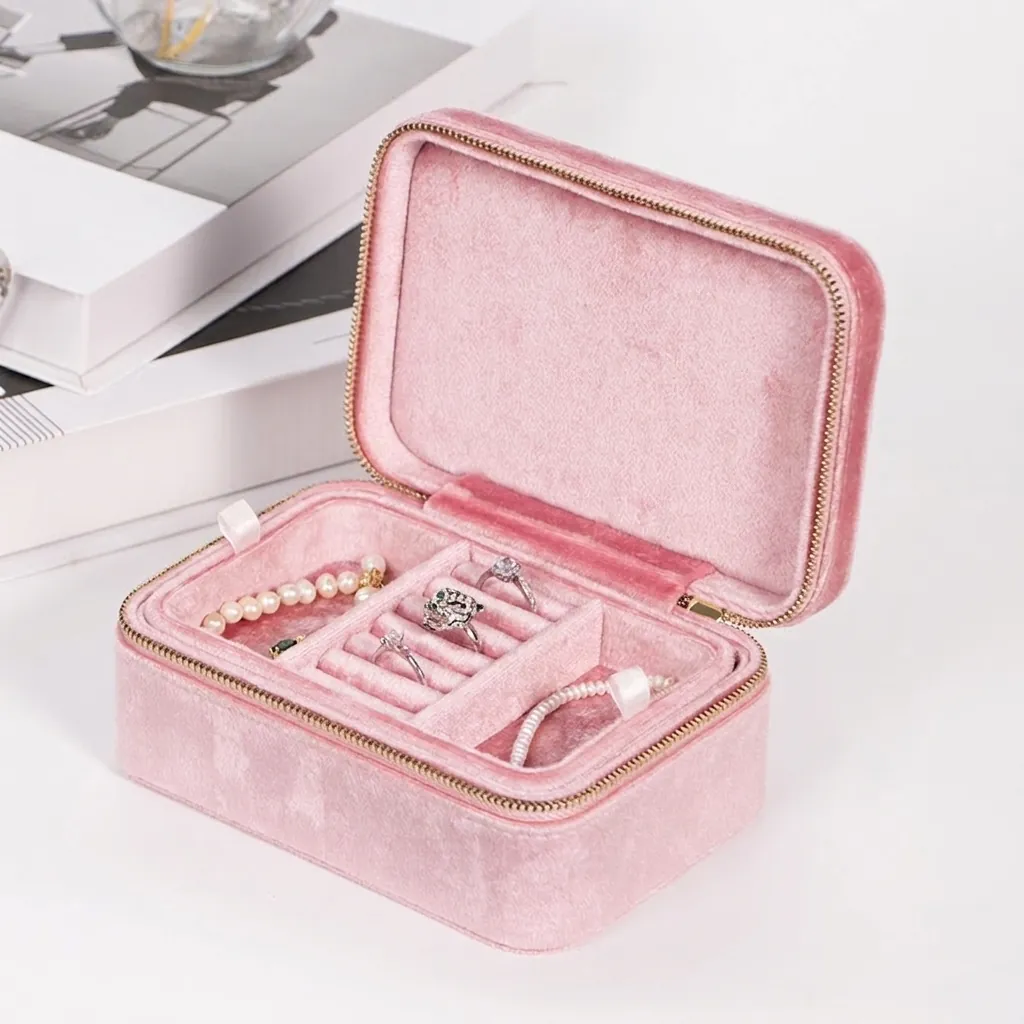 Portable Jewelry Box Double Layer Velvet Travel Jewelry Organizer Case For Girls Princess Cute Small Storage With Zipper