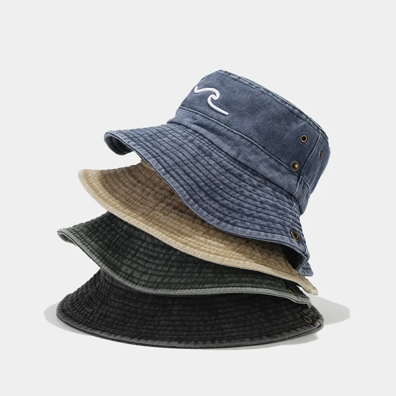 Retro Washed Cotton Bucket Hat With Wave Embroidery Adjustable Drawstring Outdoor Sun Protection Camping Vintage Boonie