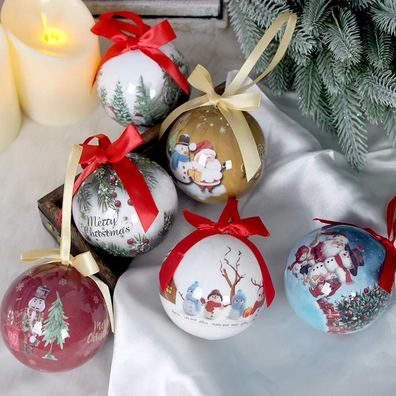 Christmas Ball Ornaments Plastic Foam Hanging Baubles Snowman Santa Claus Patterns With Ribbon Bow Holiday Decor