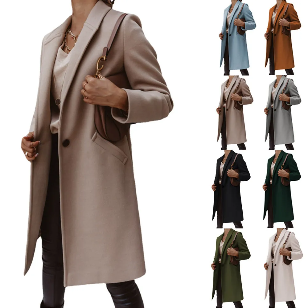 Women's Mid-length Woolen Coat Elegant Solid Color Lapel Single Breasted Overcoat British Style Commuter Long Sleeve Polyester Jacket