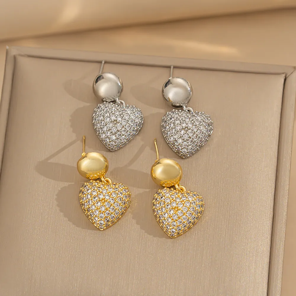 Heart Drop Earrings Copper Cubic Zirconia Micro Pave Sweet Simple Style Fashion Jewelry For Women Elegant Sparkling Accessories