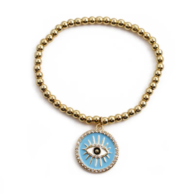 Bracelet À Perles Evil Eye En Cuivre Perles Dorées Pendentif Émail Zircon Strass Bijoux De Mode Pour Femmes Boho