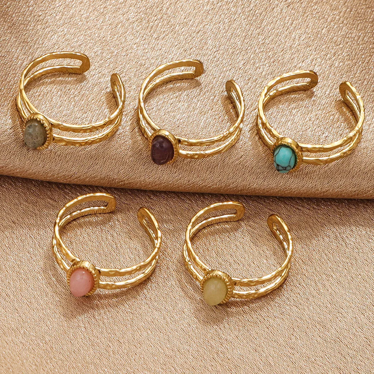 French Vintage Open Ring Stainless Steel Hammered Texture Oval Semi-Precious Stone Adjustable Jewelry For Women