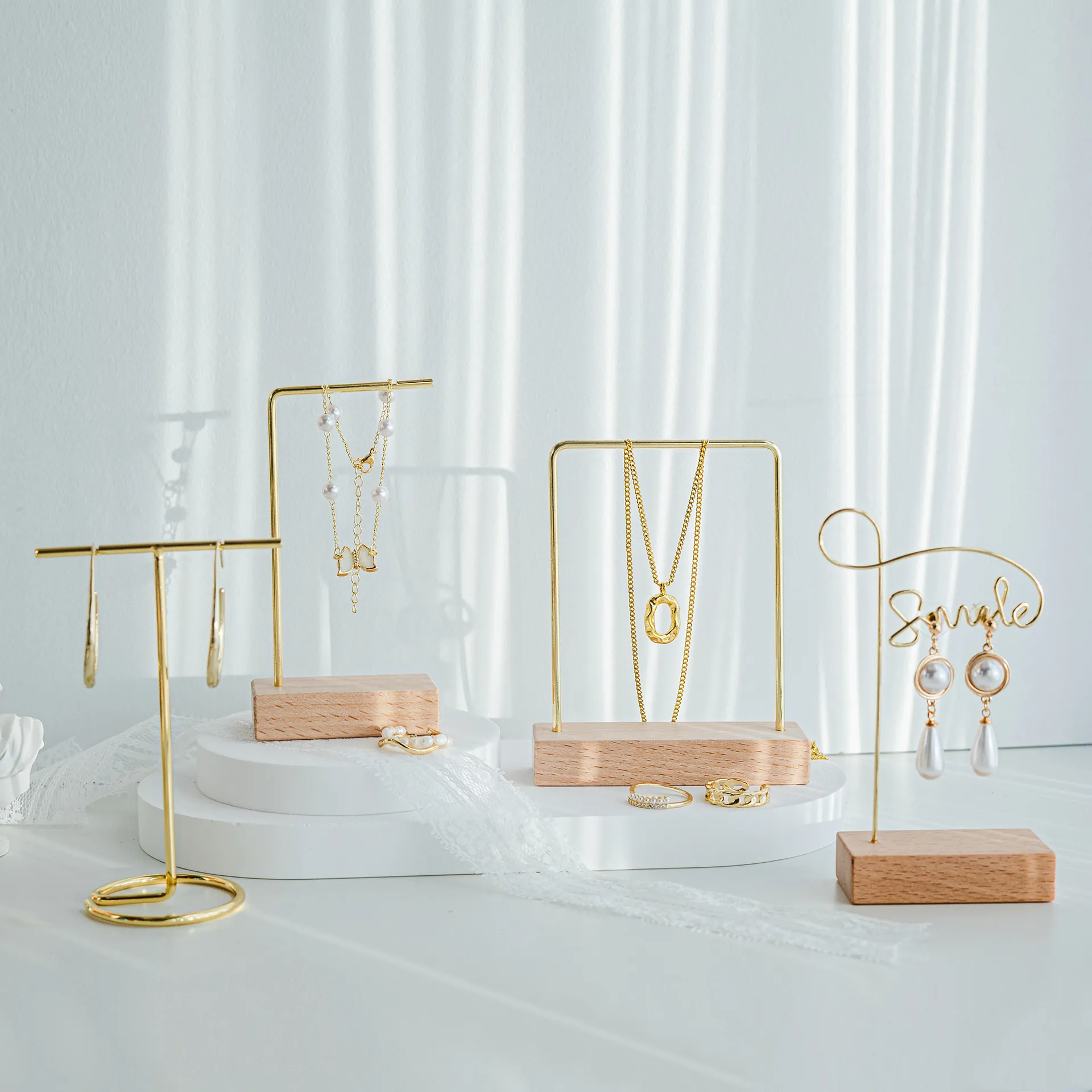 Gold Plated Iron Jewelry Display Stand Beech Wood Base Nordic Minimalist Necklace Earring Ring Holder Photography Props