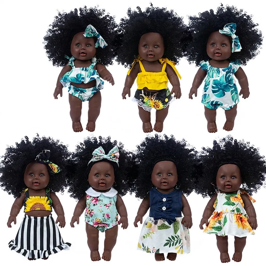 Simulation African American Baby Doll Vinyl Realistic Toy With Afro Hair And Floral Clothing For Kids Soothing Gift