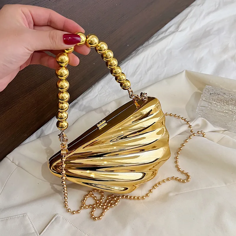 Borsa Da Sera A Forma Di Conchiglia Acrilico Metallico Borsa A Tracolla Con Cinturino Di Perline E Catena In Metallo Per Donna