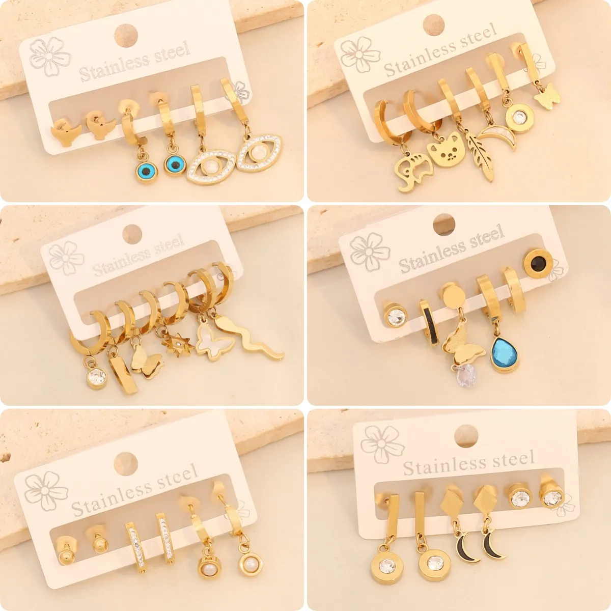 Collection de Boucles d'Oreilles Pendantes en Acier Inoxydable Plaque Or Œil Maléfique Papillon Oiseau Boucles d'Oreilles Clous Strass Perle Artificielle pour Femmes