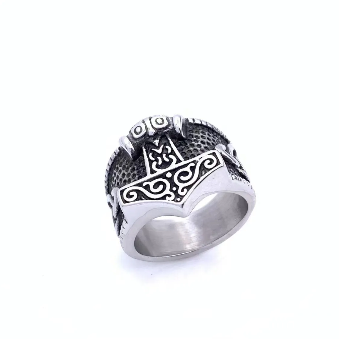 Vintage Thor's Hammer Mjolnir Stainless Steel Ring Nordic Viking Celtic Knot Mythology Punk Jewelry Band For Men