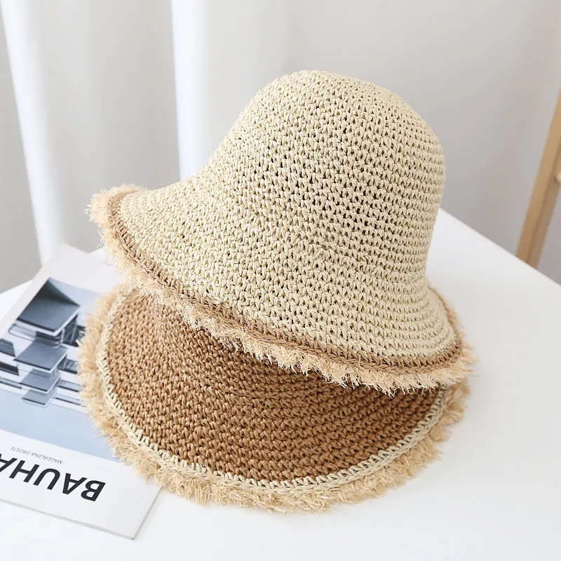 Sombrero De Paja Tipo Bucket Ala Ancha Deshilachado Plegable Protección Solar Verano Playa Vacaciones Casual Mujeres Transpirable