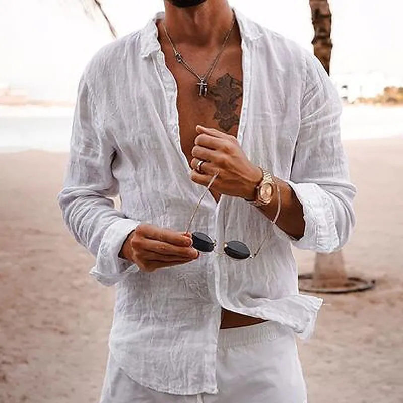 Men Casual Shirt Cotton Linen Long Sleeve Solid Color Lapel Breathable Loose Fit Beach Vacation Summer Top