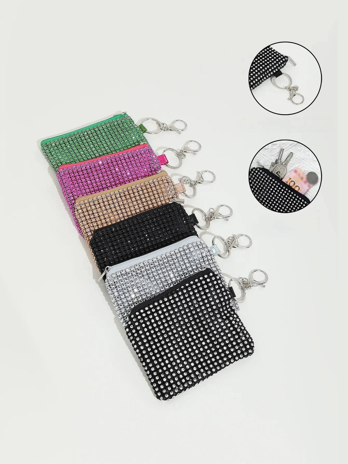 Mini Monedero Con Tachuelas De Diamantes De Imitación Bolsa De Almacenamiento Brillante Con Cremallera Con Gancho De Llavero Desmontable Portátil