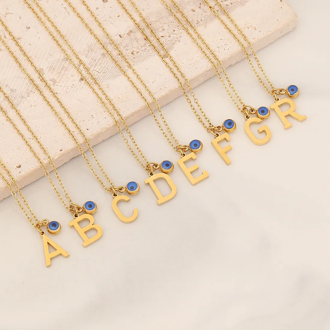 Collier Pendentif Lettre Majuscule Mauvais Oeil Acier Inoxydable Plaqué Or Chaîne Clavicule Bijoux Minimalistes