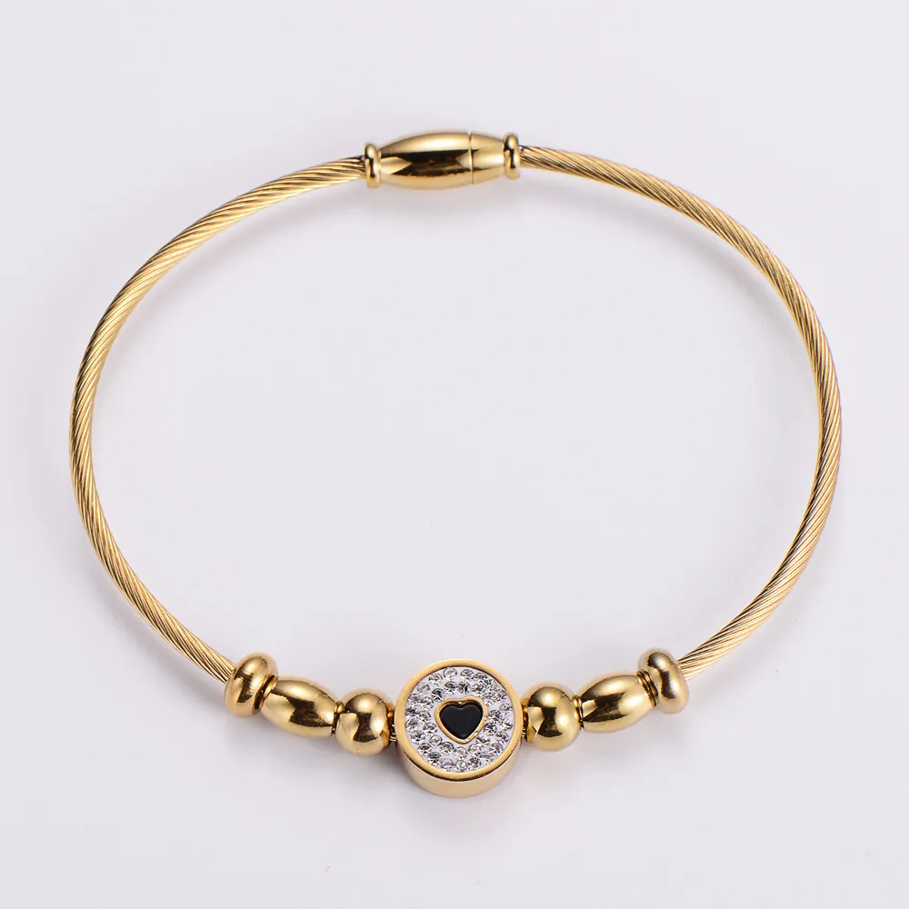 Stainless Steel Wire Rope Bangle For Women With Heart Rhinestone Pendant Magnetic Clasp Classic Fashion Jewelry
