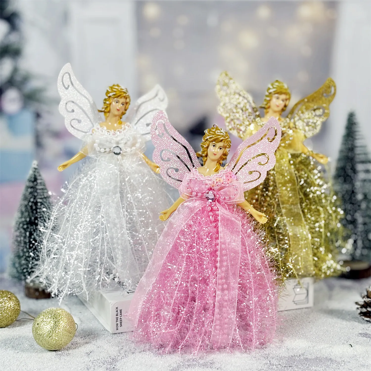Christmas Angel Doll Tree Topper Standing Ornament Glitter Wings Mesh Dress Festive Holiday Home Desktop Decoration