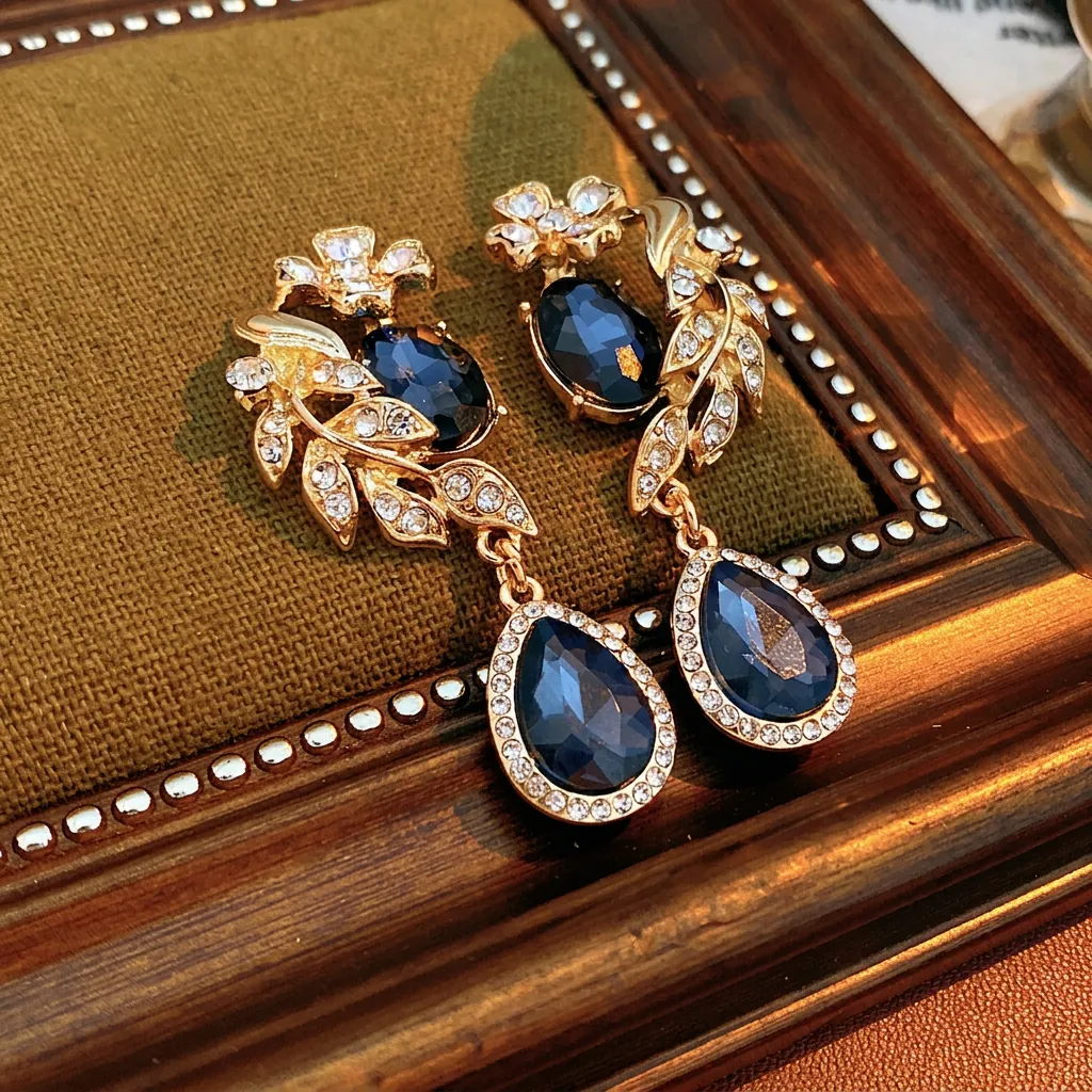 Boucles D'Oreilles Pendantes Style Cour Rétro Avec Pierre Précieuse Larme Bleue Motif Fleur Feuille Alliage Strass Et Tige En Argent