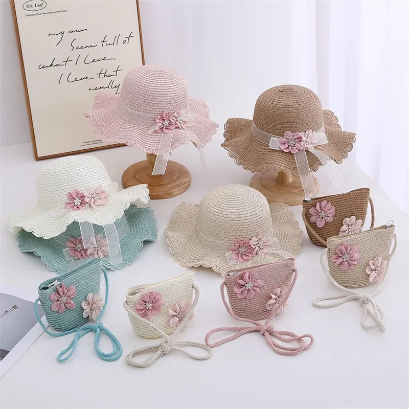 Chapeau De Paille Et Sac Pour Enfants Été Plage Protection Solaire Bord Ondulé Dentelle Fleur Style Princesse Bébé Fille