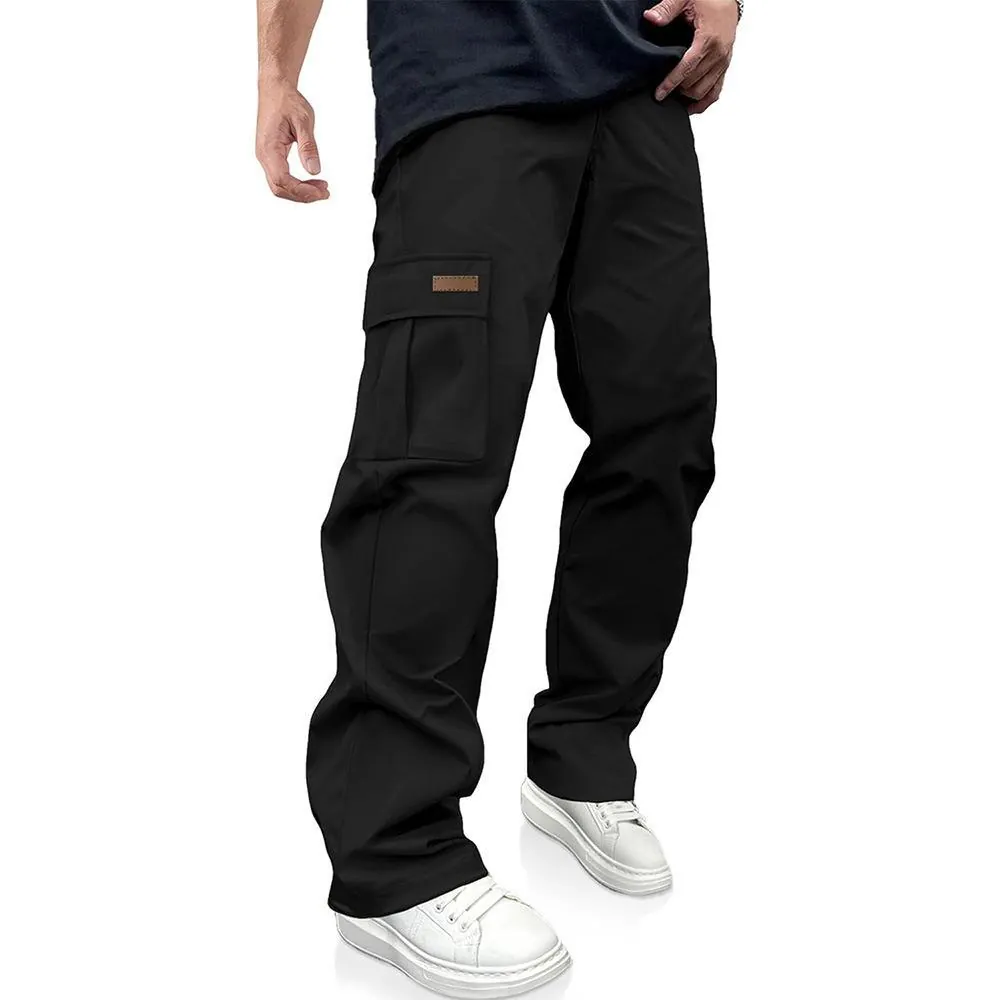 Men Multi-Pocket Cargo Pants Loose Straight-Leg Casual Trousers With Tie-Waist Polyester Spring-Autumn Streetwear
