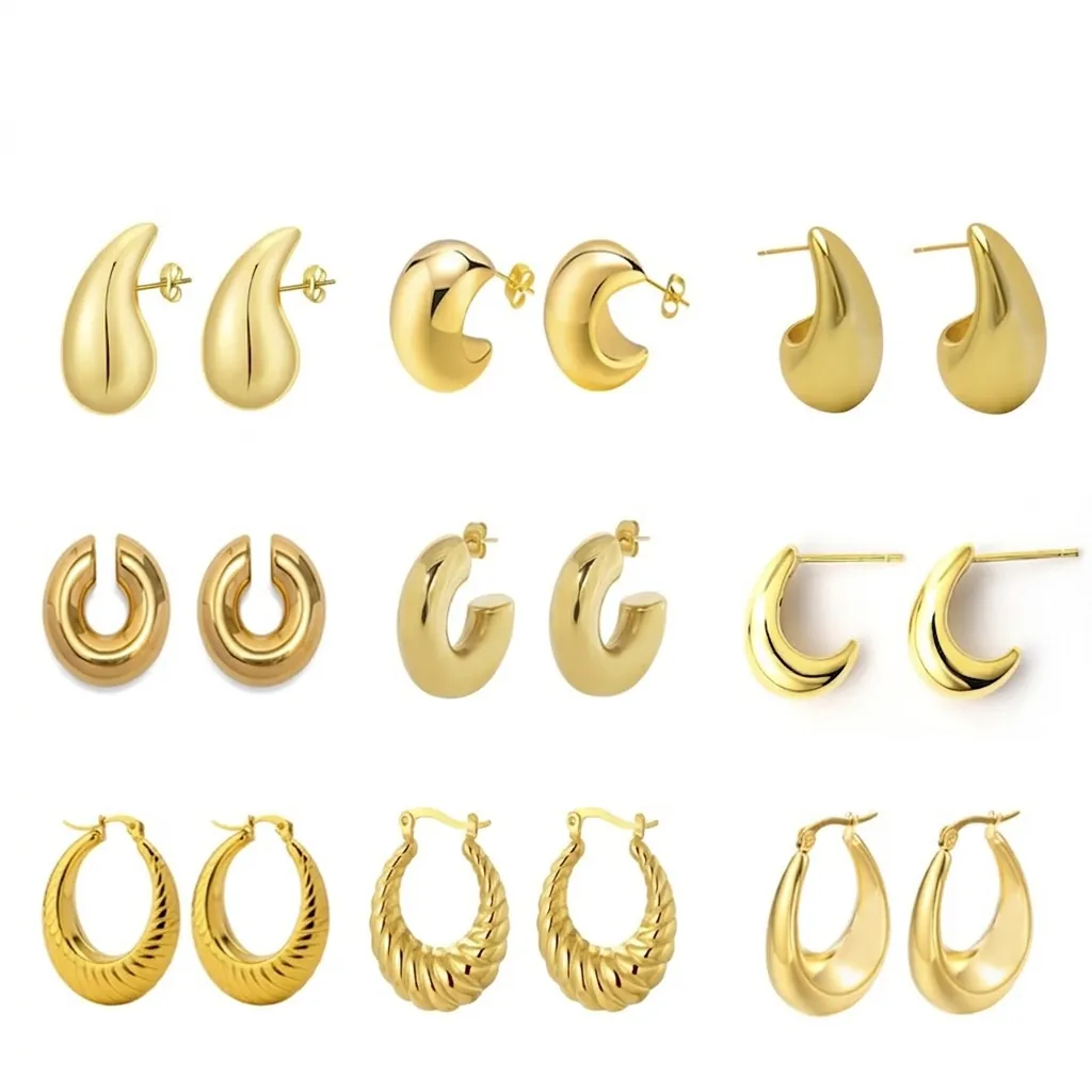 Chunky Hoop Earrings Stainless Steel 18K Gold Plated Water Drop C-Shaped Geometric Retro Style For Women