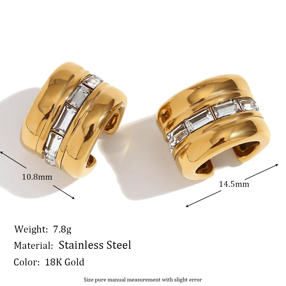 18K Gold Plated Stainless Steel Ear Cuff For Women No Piercing Elegant Geometric Rectangular Zircon Ear Clip Jewelry