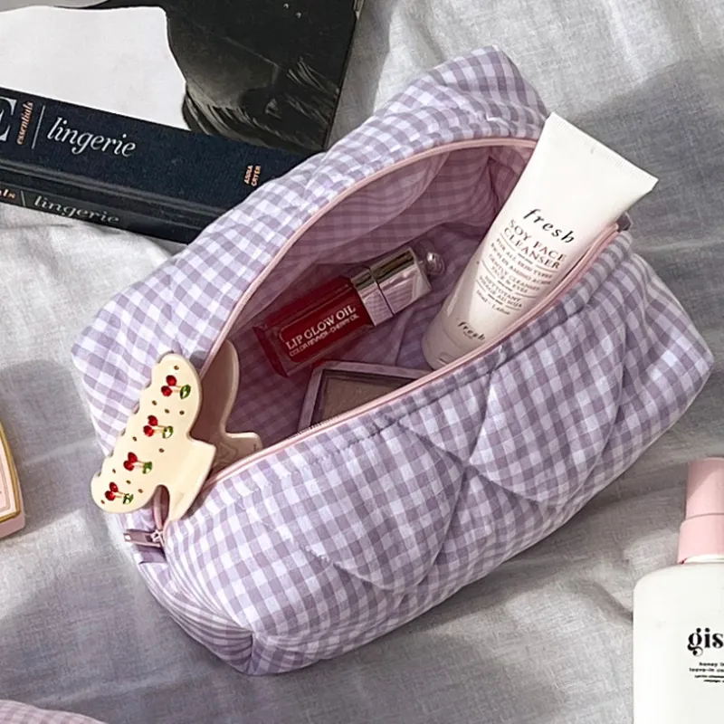 Quilted Cotton Cosmetic Bag Gingham Plaid Travel Toiletry Organizer Large Capacity Zipper Makeup Pouch For Women