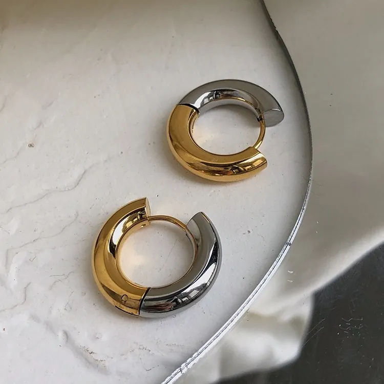 Chunky Hoop Earrings Two-Tone Gold Silver Stainless Steel Geometric Minimalist Mirror Polish Fashion Women Accessory