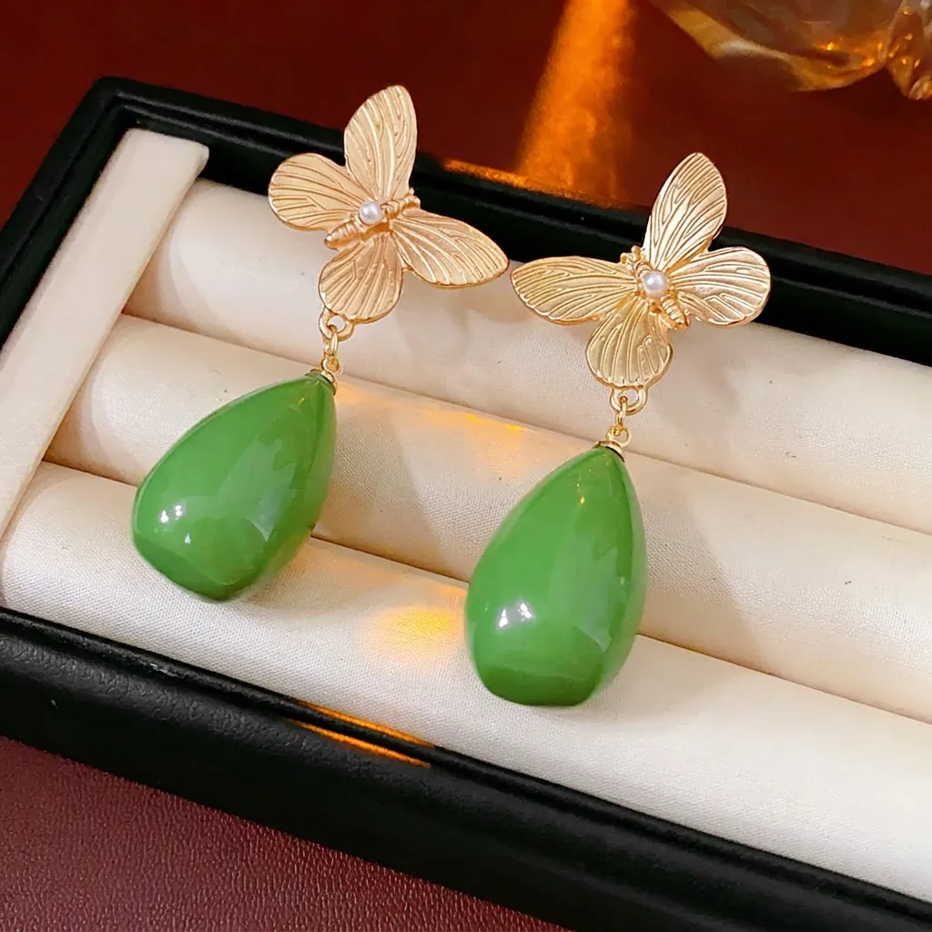 Boucles D'oreilles Pendantes Papillon Vintage Avec Tige En Argent Pendentif Goutte D'eau En Résine Verte Künstliche Perle Zircon Femmes