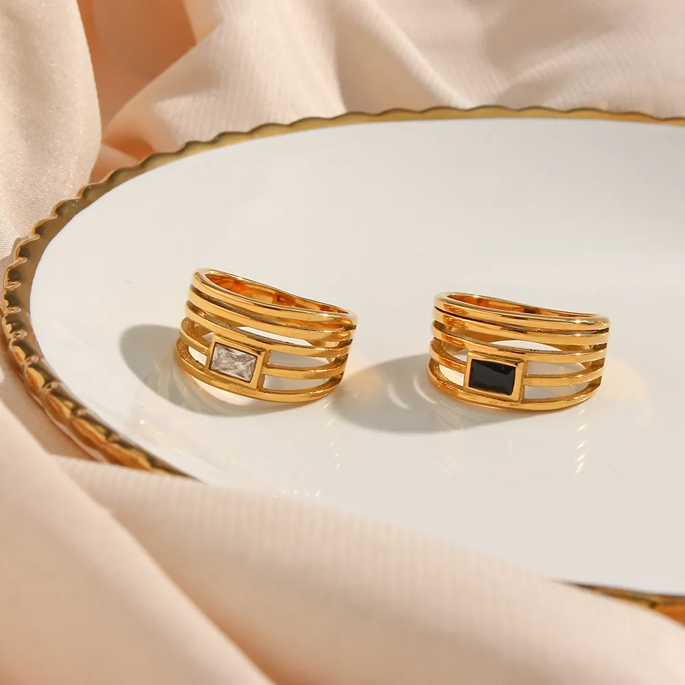 Hohl Mehrschichtig Ring Edelstahl 18K Vergoldet Mit Rechteckigem Zirkonia Vintage Mode Schmuck Für Damen