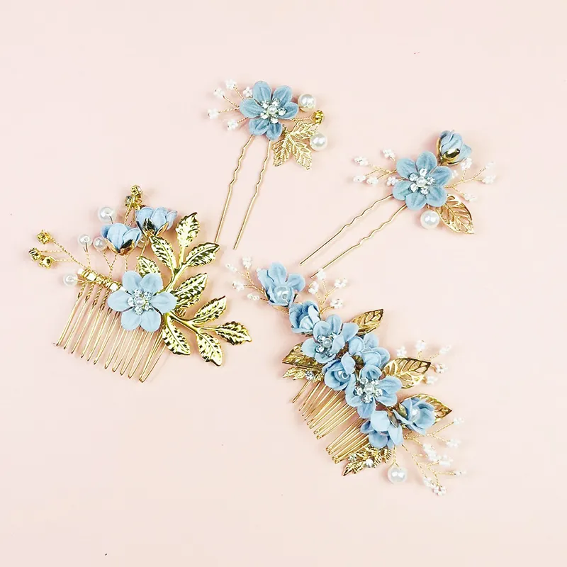 Peigne À Cheveux Mariée Élégant Fleur En Tissu Alliage Feuille Fausse Künstliche Perle Strass Coiffe De Mariage Pour Femmes Accessoire