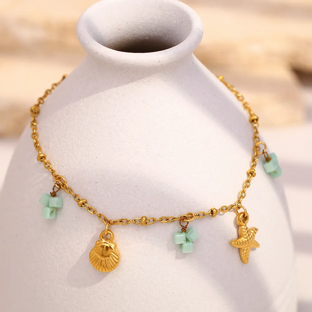 Bracelet En Acier Inoxydable Plaqué Or 18K Océan Étoile De Mer Coquille Perles Vert Menthe Bijoux De Plage Femmes
