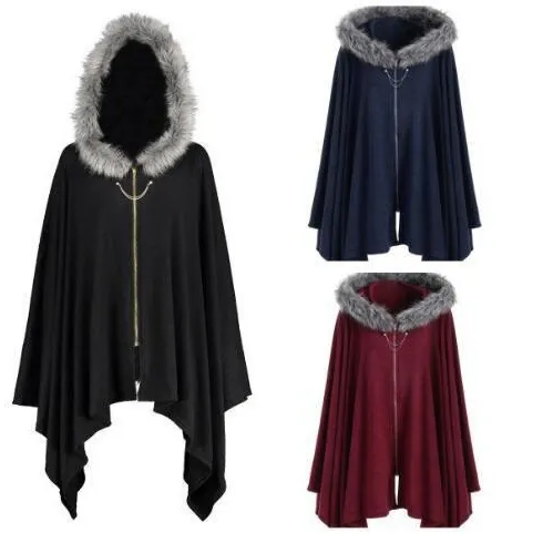Halloween Gothic Batwing Sleeve Hooded Poncho Cloak With Artificial Fur Collar Zipper Metal Chain Knit Cape For Party Women