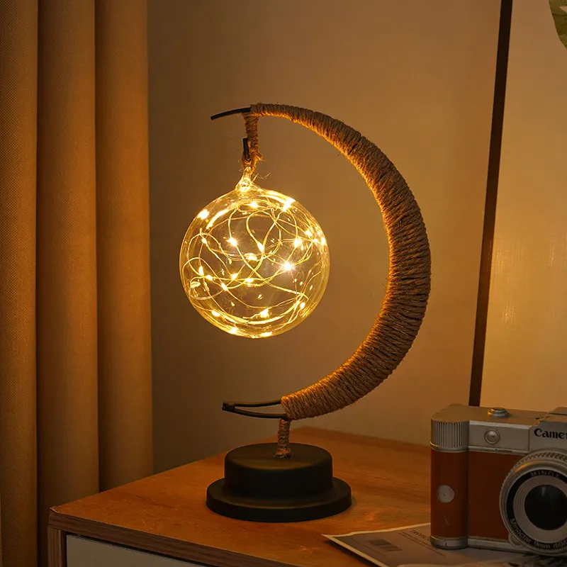 LED Moon Lamp Night Light Hemp Rope Iron Handmade Glass Star Ball Pendant Decorative Table Light USB Battery Operated