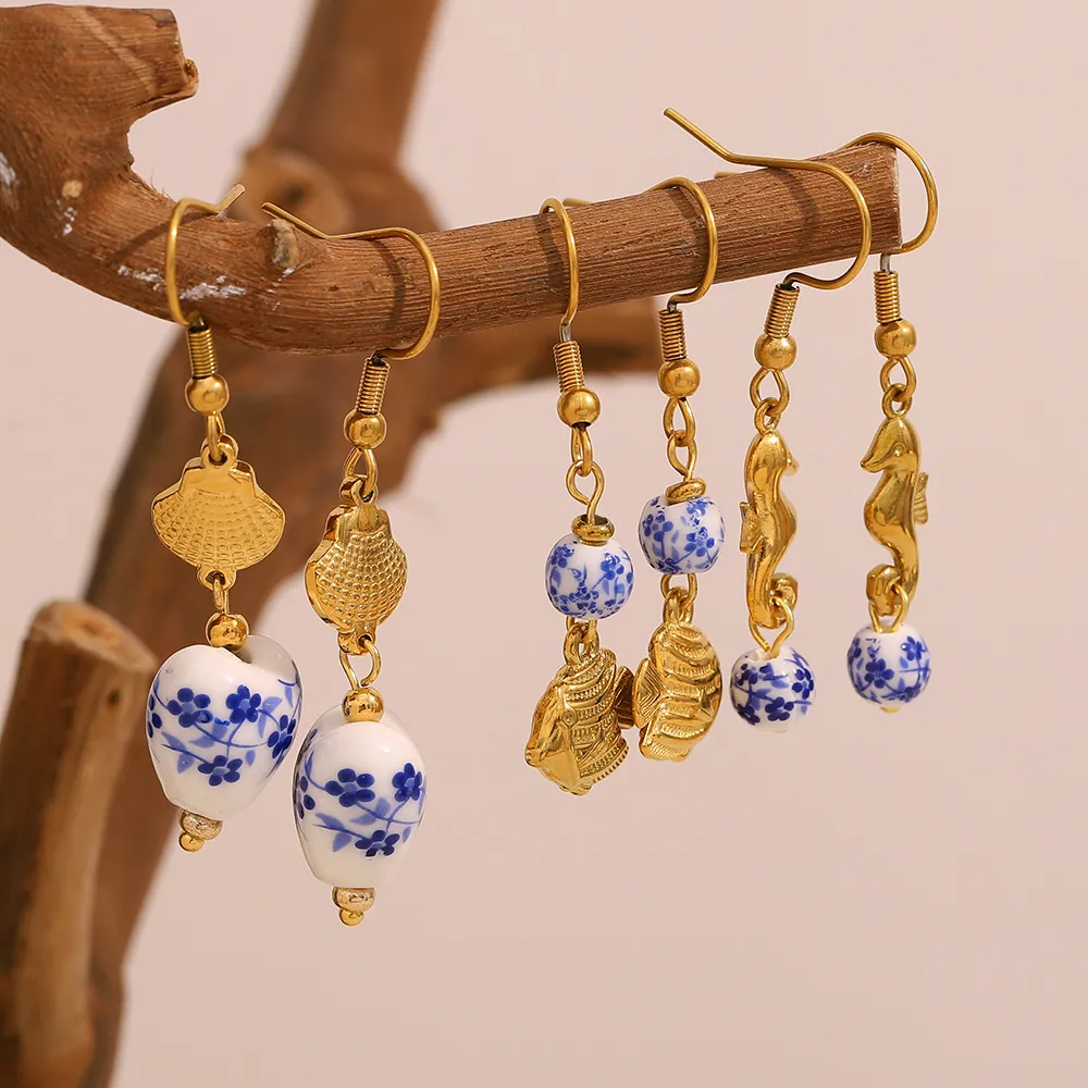 Vintage Dangle Earrings For Women Stainless Steel 18K Gold Plated Ceramic Beads Blue White Porcelain Heart Fish Seahorse