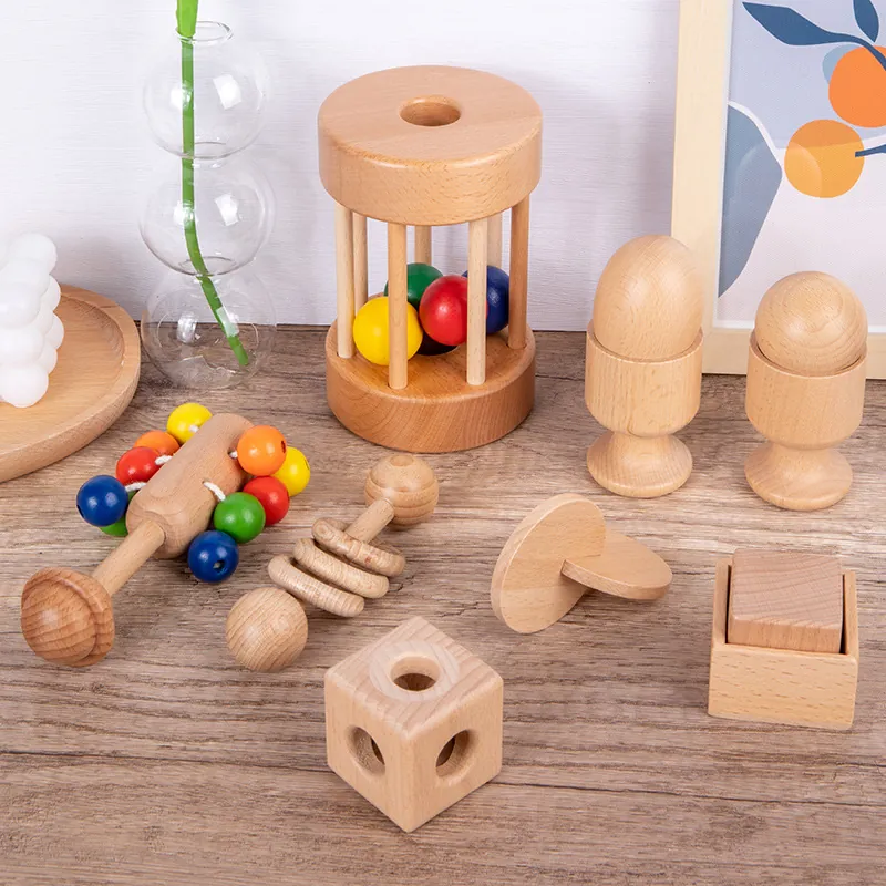 Montessori Baby Wooden Rattles Sensory Grasping Toys Natural Beech Wood Early Education Toddler Development Gifts