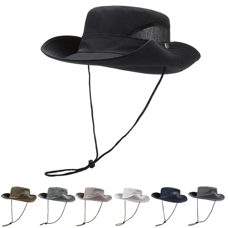 Cappello Da Sole All Aperto Tesa Larga Poliestere Asciugatura Rapida Traspirante Rete Pesca Escursionismo Con Cordino Regolabile