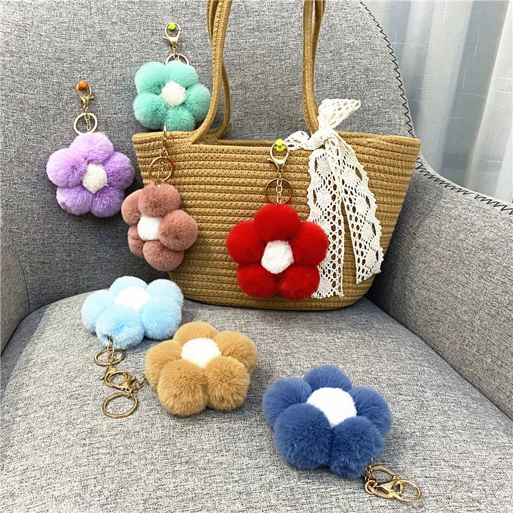 Plush Flower Keychain Soft Faux Fur Bag Charm Colorful Floral Pendant With Alloy Metal Clasp For Women Girls Cute Gift