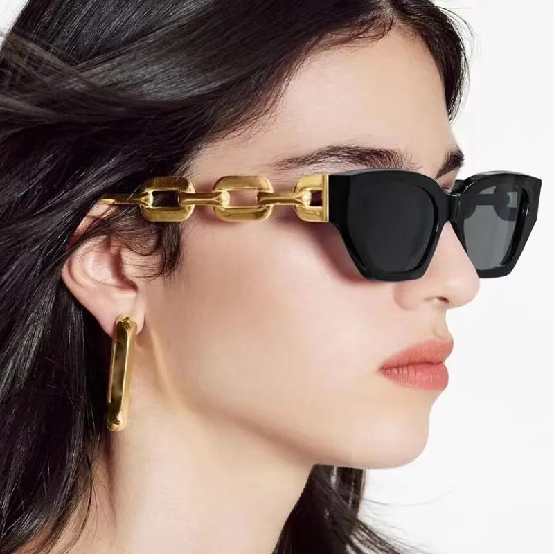 Fashion Cat Eye Sunglasses For Women Retro Narrow PC Frame With Gold Metal Chain Temples UV Protection Streetwear