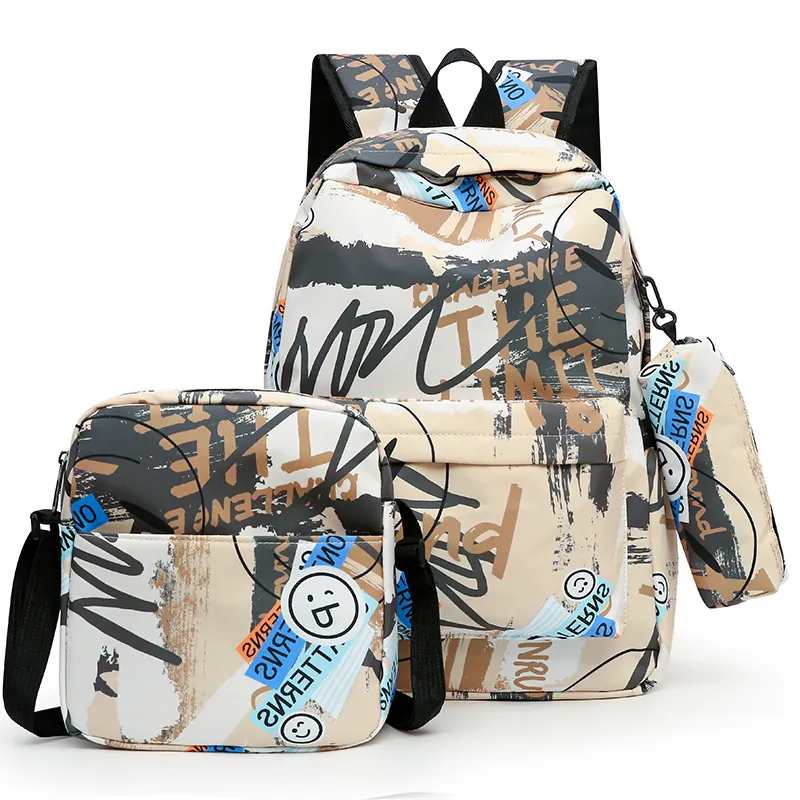 Sac à Dos Scolaire Graffiti Avec Sac à Bandoulière Et Trousse Nylon Résistant à l'Eau Grande Capacité Sac de Voyage Étudiant
