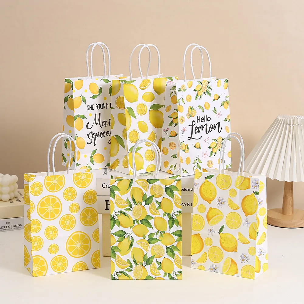 Lemon Print Kraft Paper Gift Bags With Handles For Shopping Wedding Party Favors Fresh Fruit Design Takeaway Packaging Tote Bag