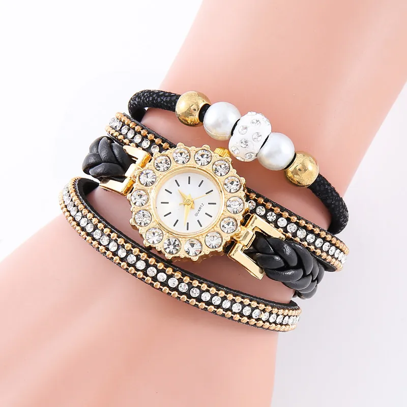Fashion Women Wrap Bracelet Watch Multi-Layer Faux Leather Strap Rhinestone Artificial Pearl Quartz Watch Jewelry