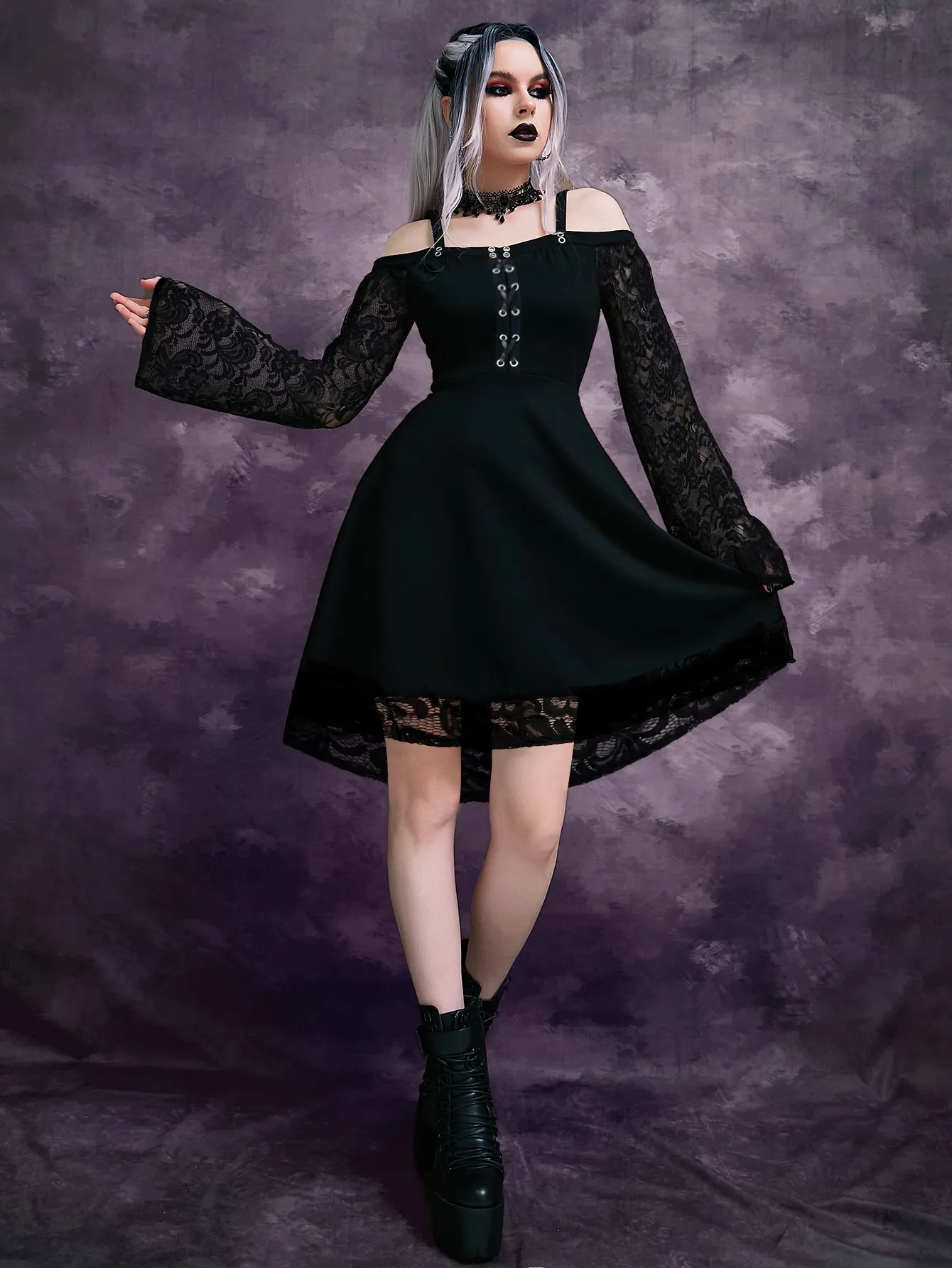 Gothic Off Shoulder Lace Up Women Dress Cold Shoulder Long Lace Sleeves Polyester Spandex Retro Punk Streetwear Party Mini Dress