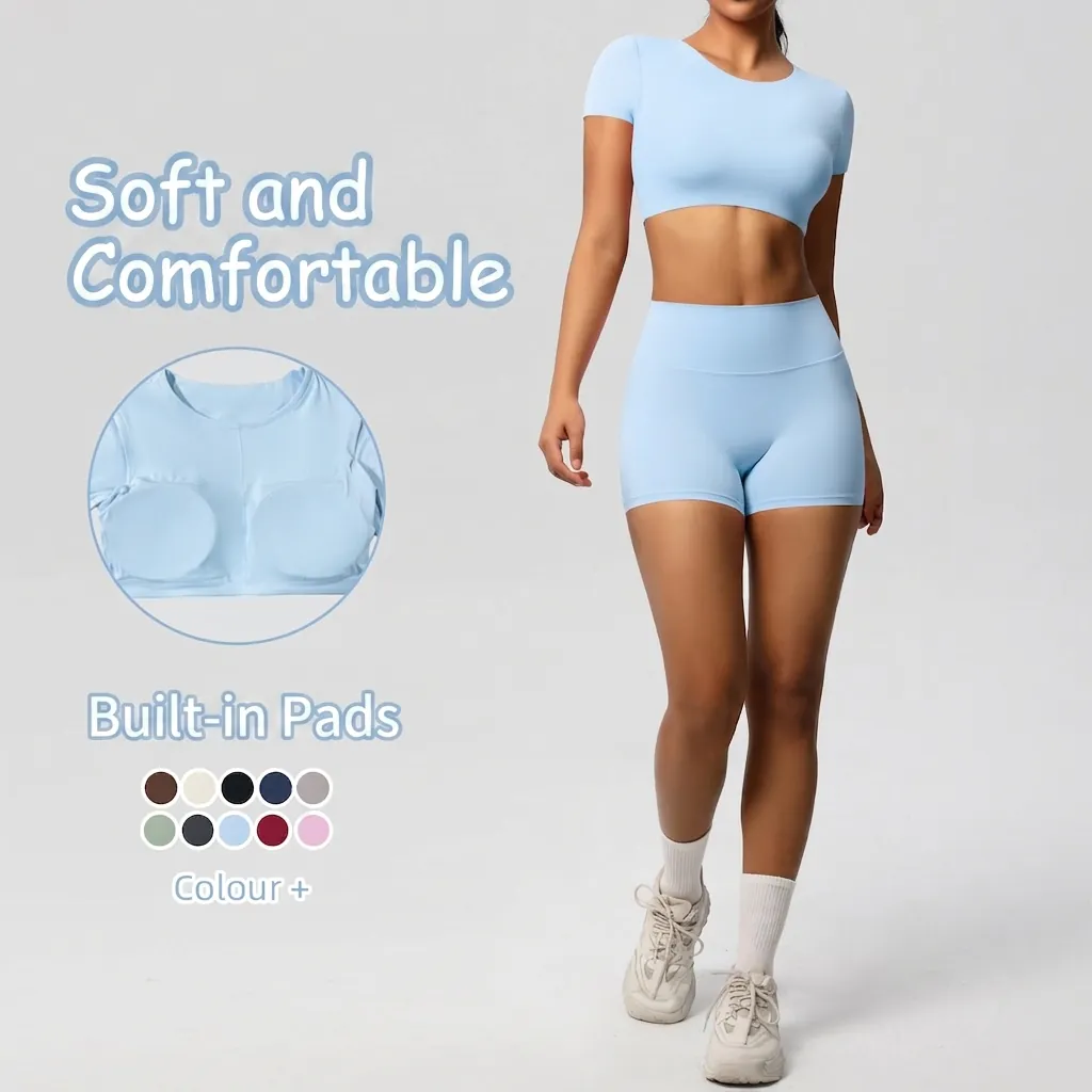 Vêtements de Yoga de Sport pour Femmes Crop Top à Manches Courtes et Shorts de Fitness Taille Haute Survêtement Côtelé Couleur Unie