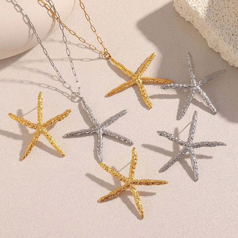 Hammered Starfish Necklace And Earrings Stainless Steel 18K Gold Plated Fashion Jewelry Accessories For Women
