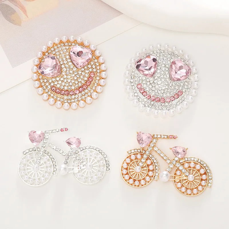 Alloy Rhinestone Smile Face Bicycle Charms With Faux Artificial Pearl Pink Heart Crystal For DIY Jewelry Making Phone Case