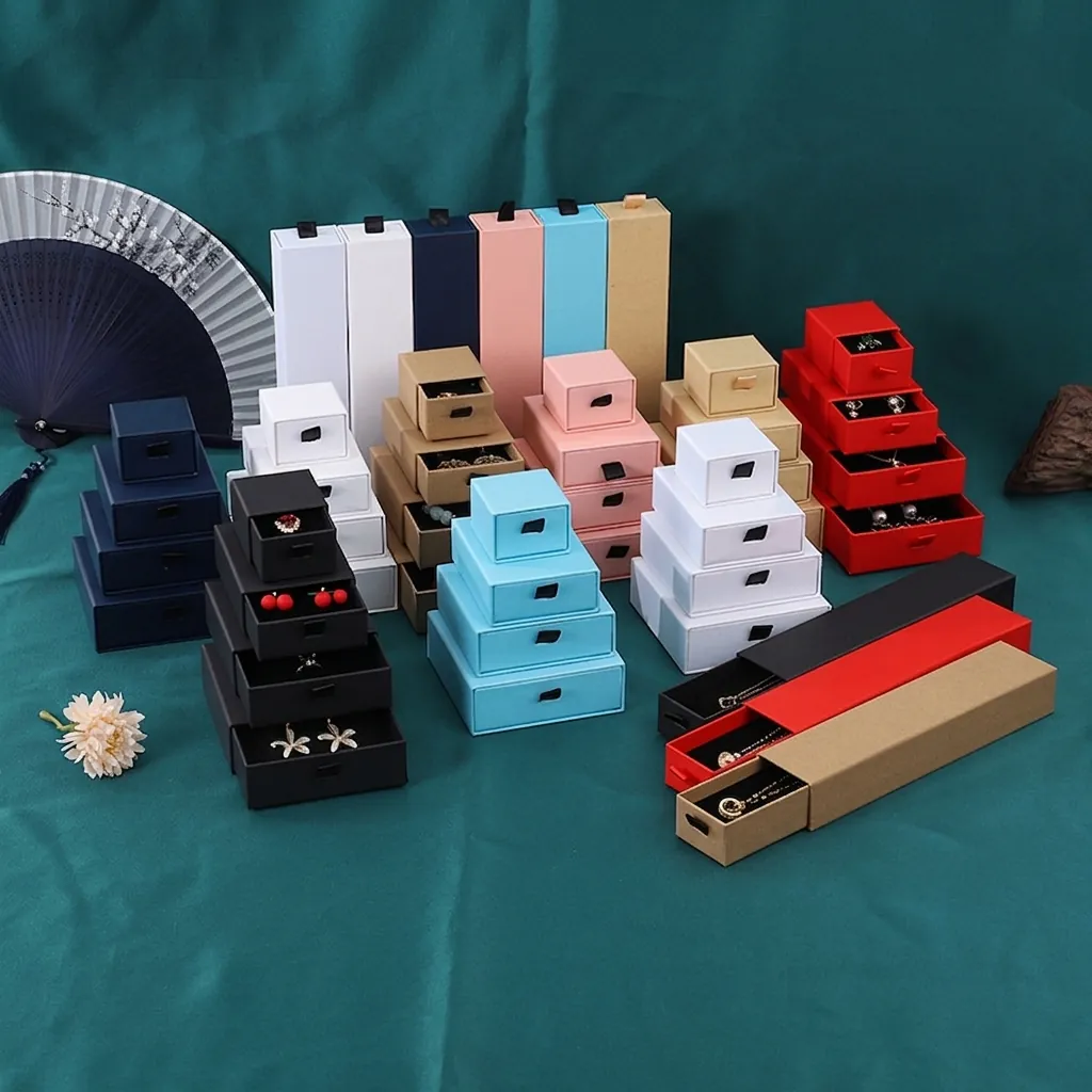 Scatola Portagioie a Cassetto Moderno Minimalista in Carta Cartone Scatola Regalo per Anelli Orecchini Collane Bracciale Confezione Organizer Maniglia Nastro