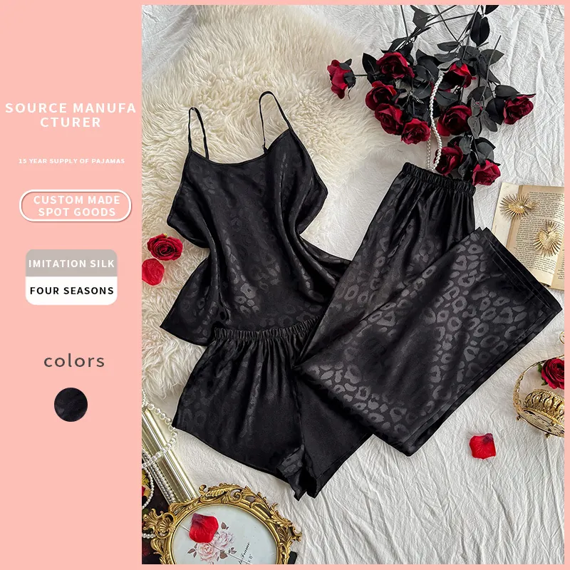 Pyjama Femme Imitation Satin Satin Léopard Jacquard Camisole Short Et Pantalon Vêtements De Nuit Loungewear