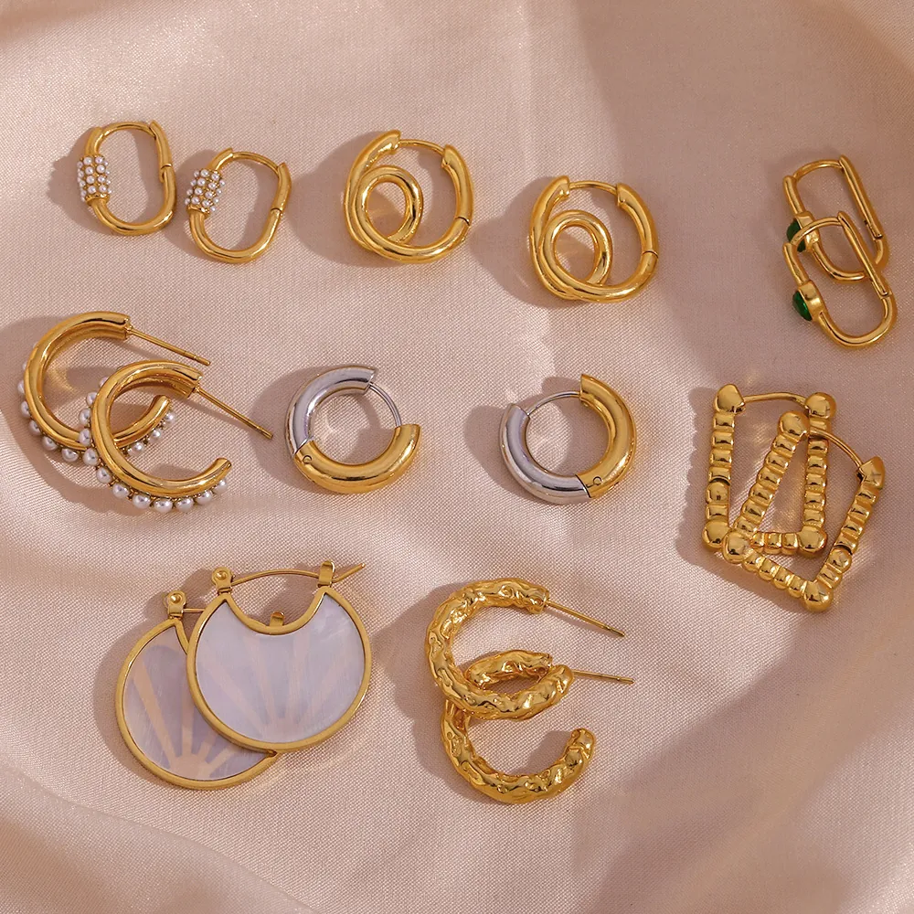Hoop Ohrringe Für Frauen Edelstahl Vergoldet Bambus Gedreht Geometrisch Künstliche Perle Zirkon Eleganter Schmuck