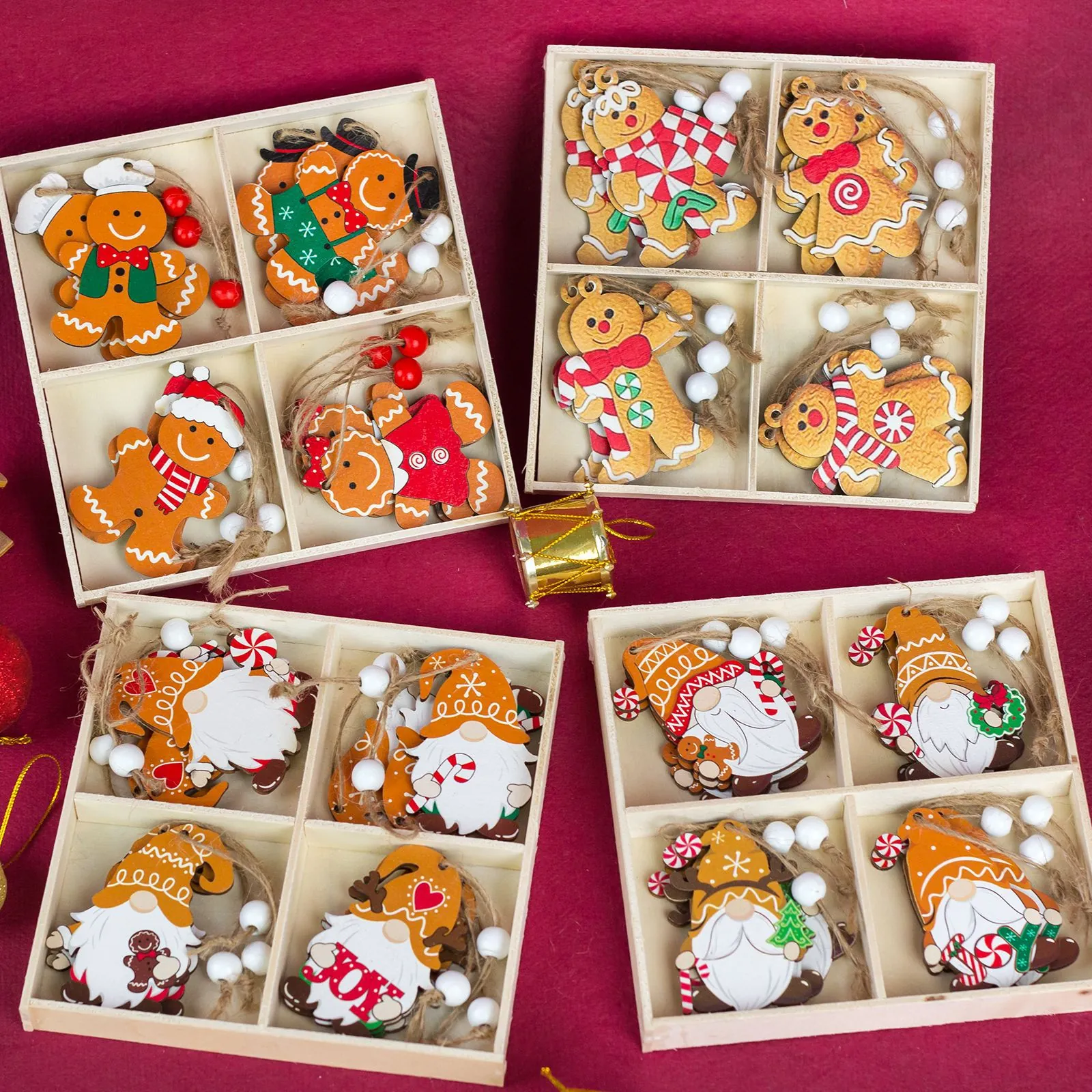 Christmas Wooden Hanging Ornaments Painted Gingerbread Man Gnome Figures Holiday Tree Decorations Boxed Decorative Gift
