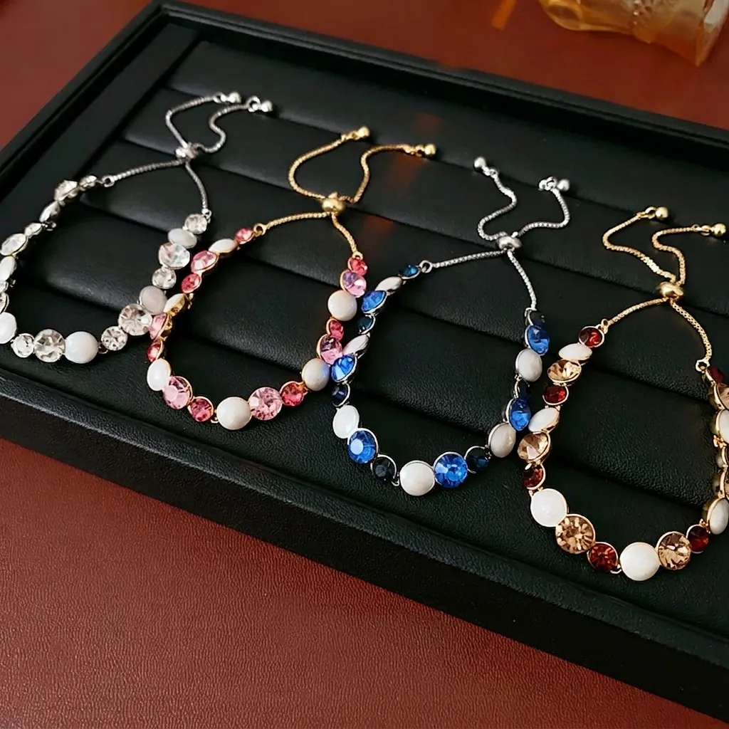 Bracelet Ajustable À Coulisse En Alliage Avec Strass Et Imitation Künstliche Perle Pour Femme Bijou Élégant