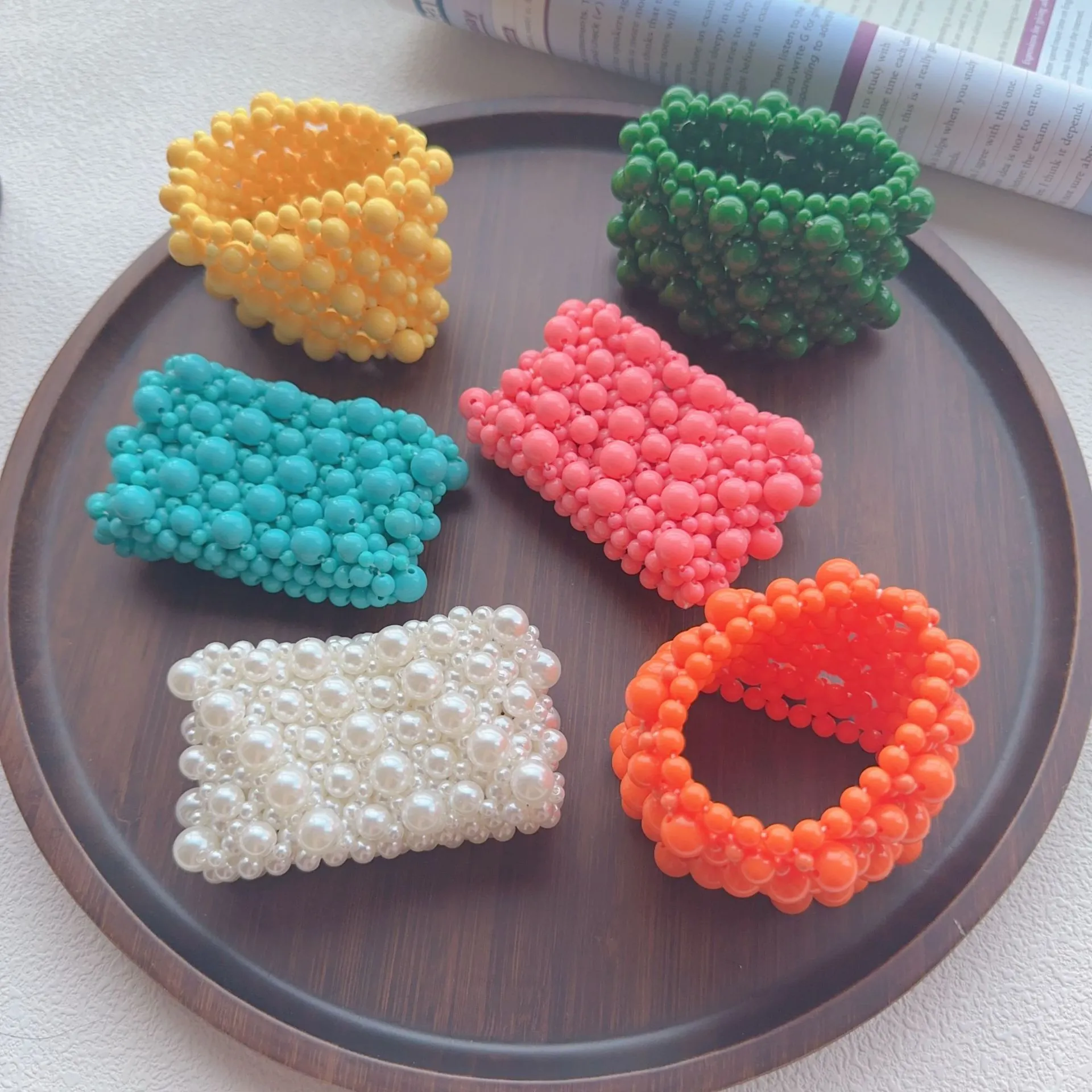 Wide Multi-layer Beaded Bracelet Faux Artificial Pearl Elastic Hand Ring Candy Color Ethnic Retro Style Fashion Jewelry For Women